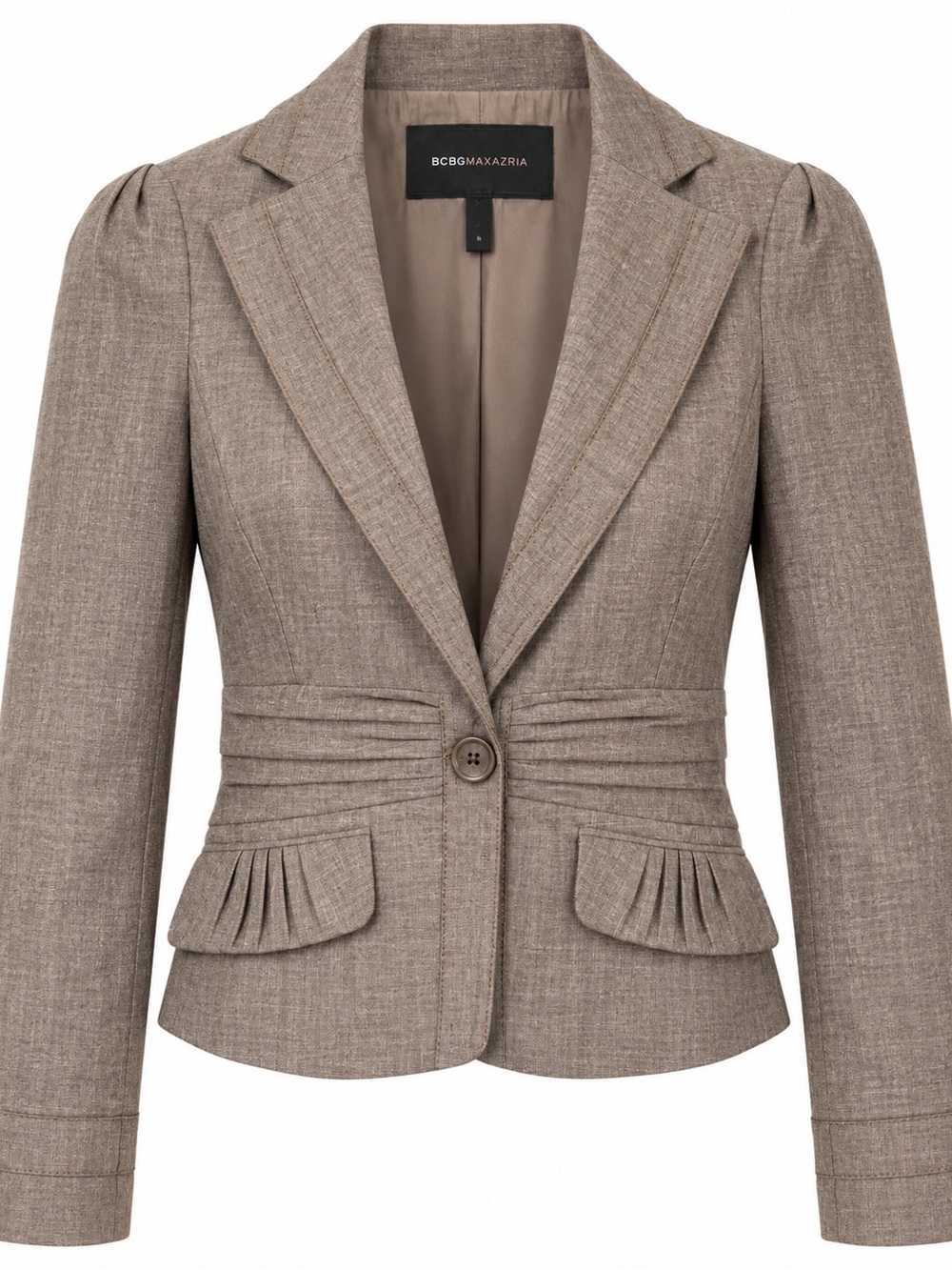 BCBGMAXAZRIA Linen Blend Pleated Fitted Blazer Taupe XS